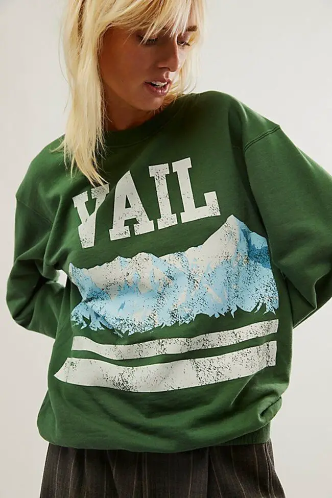 Forest Green "Vail" Sweatshirt Paired with Dark Striped Pants